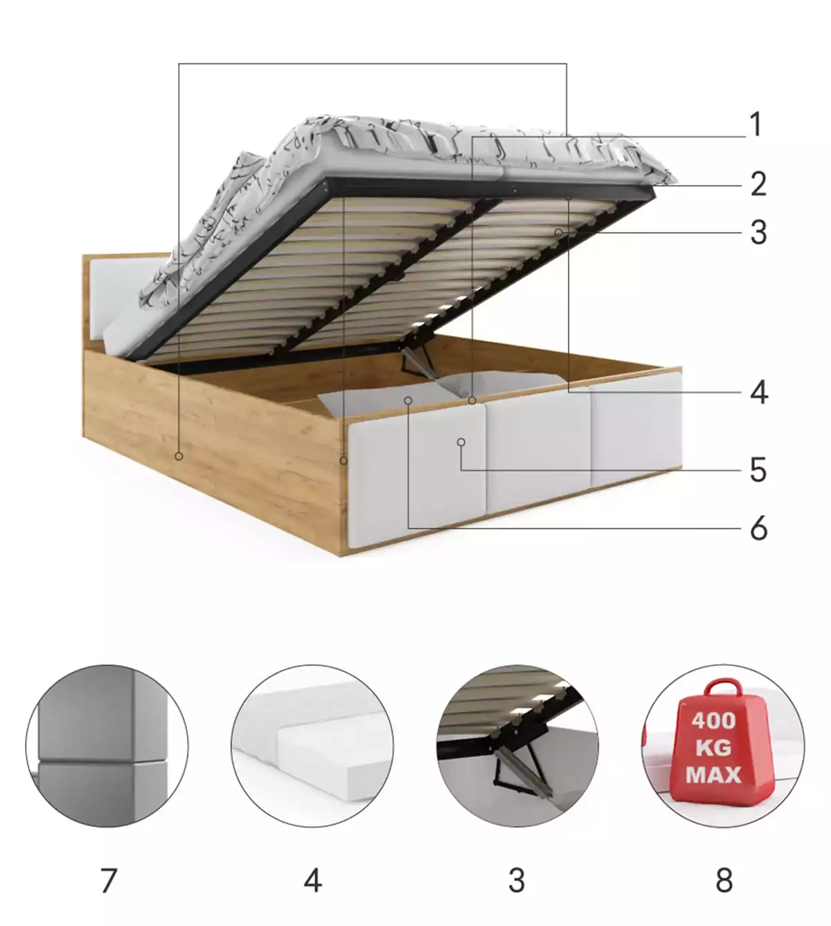 Composants pour Lit double rembourré Le Panamax 140X200 avec coffre, chêne/blanc Composants pour Lit double rembourré Le Panamax 140X200 avec coffre, chêne/blanc