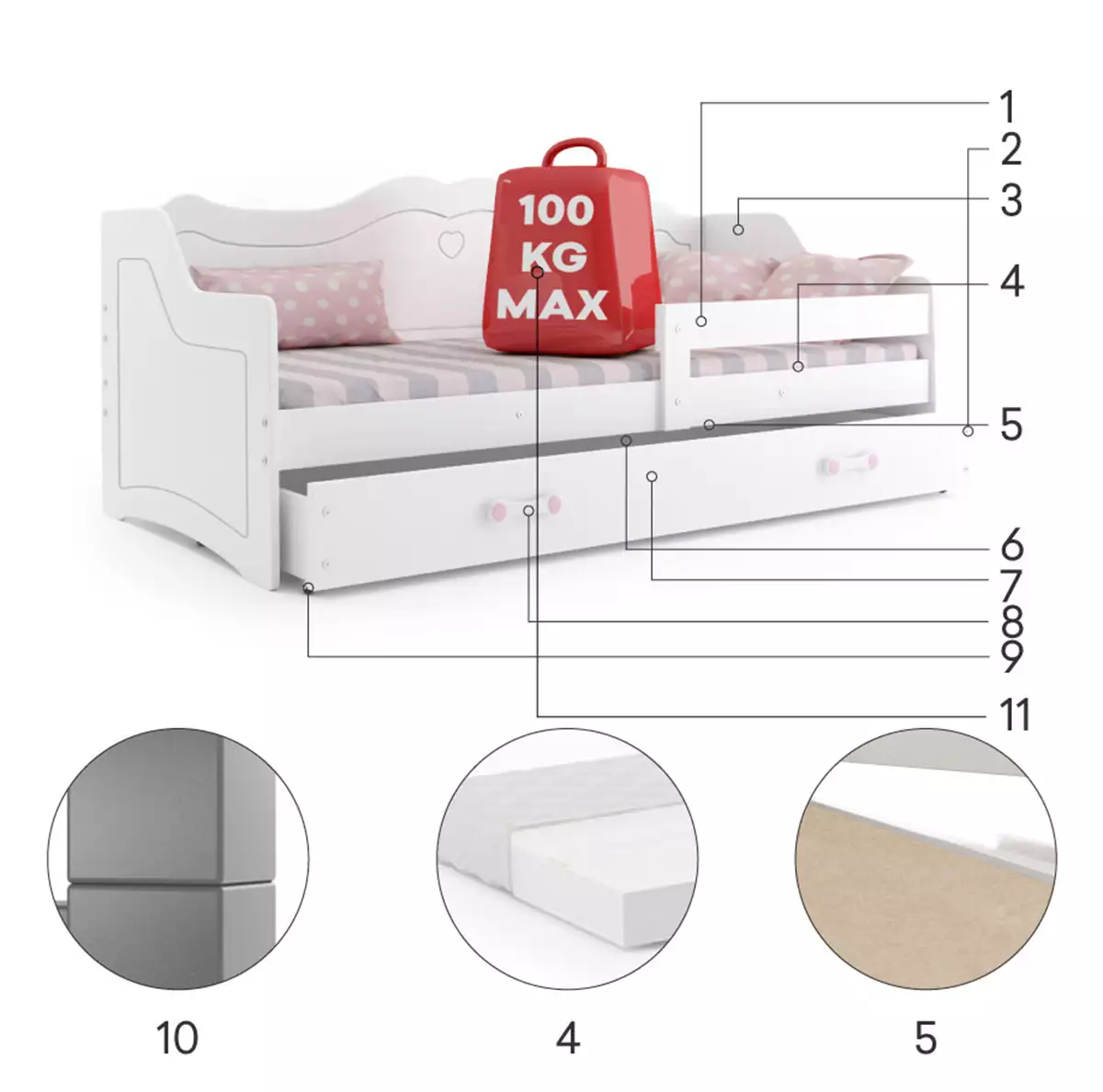 Lit enfant simple Julie 80X160 avec matelas et tiroir, blanc-czesci-3