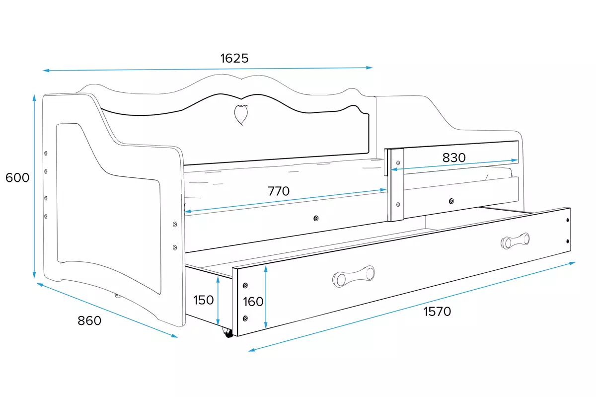 Lit enfant simple Julie 80X160 avec matelas et tiroir, blanc (dimension 3)