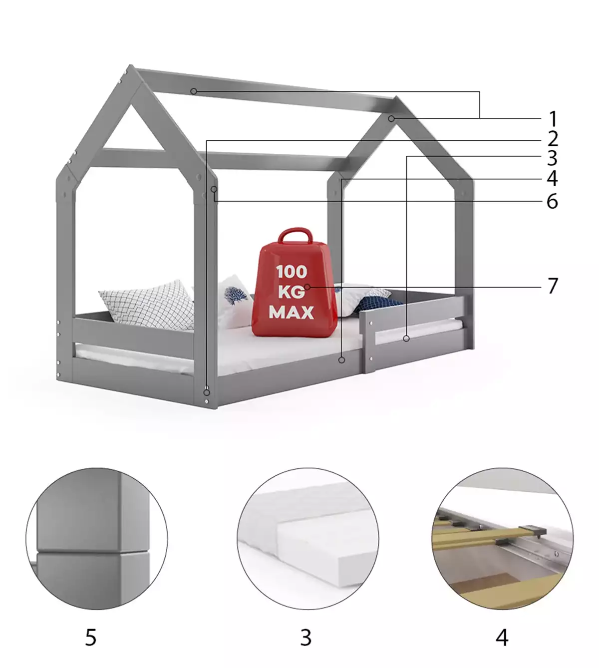 Composants pour Lit enfant simple Cabane 1 80X160, gris Composants pour Lit enfant simple Cabane 1 80X160, gris