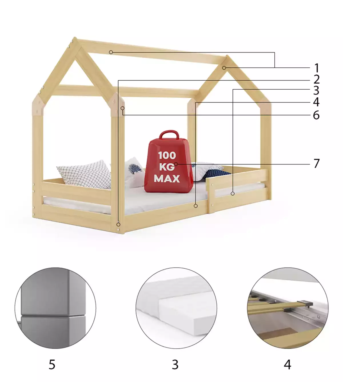 Composants pour Lit enfant simple Cabane 1 80X160, pin Composants pour Lit enfant simple Cabane 1 80X160, pin