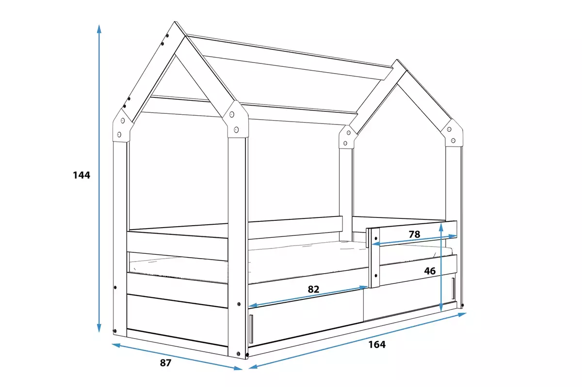 Dimensions et spécifications pour Lit enfant simple Cabane 80X160 avec matelas et rangement, pin Dimensions et spécifications pour Lit enfant simple Cabane 80X160 avec matelas et rangement, pin