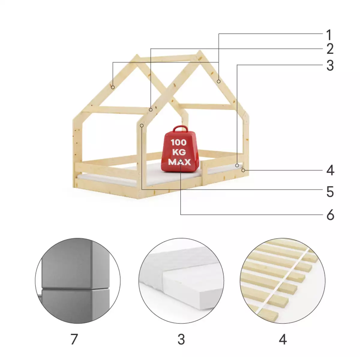 Composants pour Lit enfant simple Cabane 80X160, bois naturel Composants pour Lit enfant simple Cabane 80X160, bois naturel