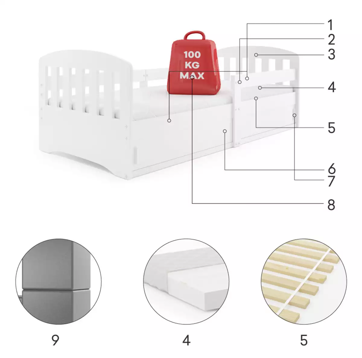 Composants pour Lit enfant simple Classique 80X160 avec rangement, blanc