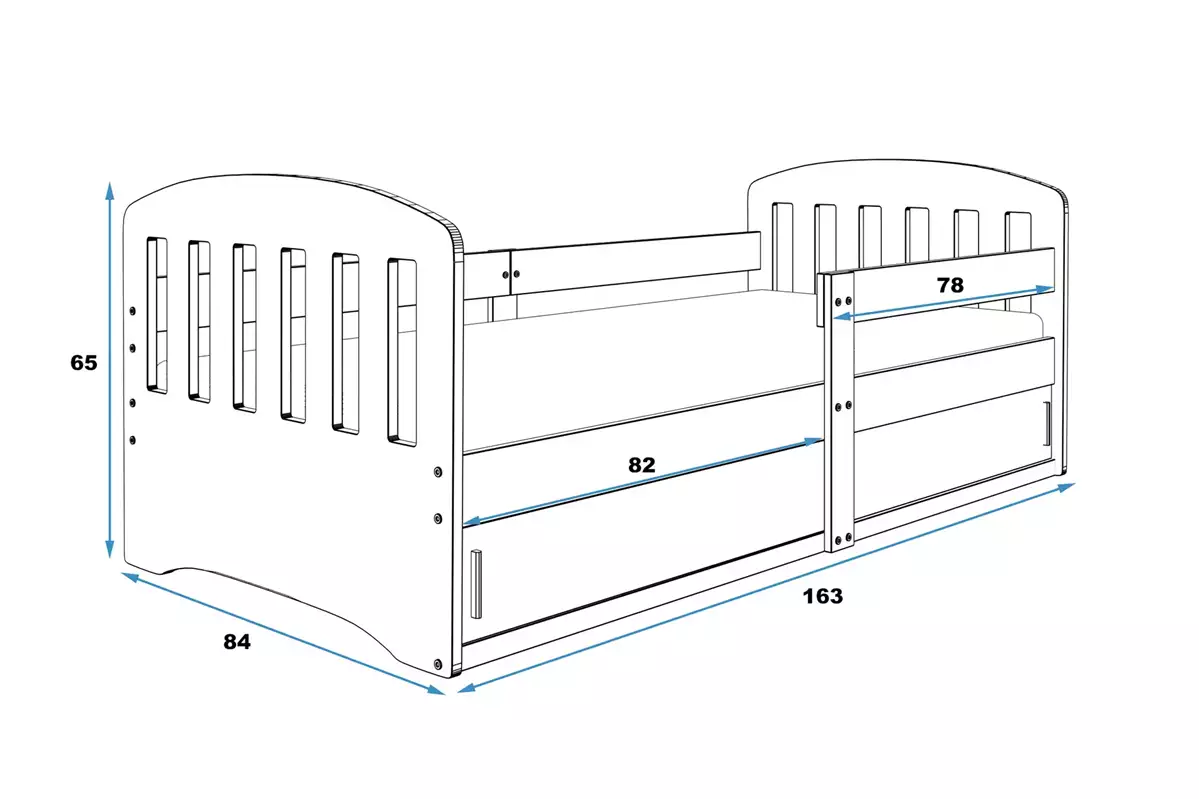 Dimensions et spécifications pour Lit enfant simple Classique 80X160 avec rangement, gris Dimensions et spécifications pour Lit enfant simple Classique 80X160 avec rangement, gris