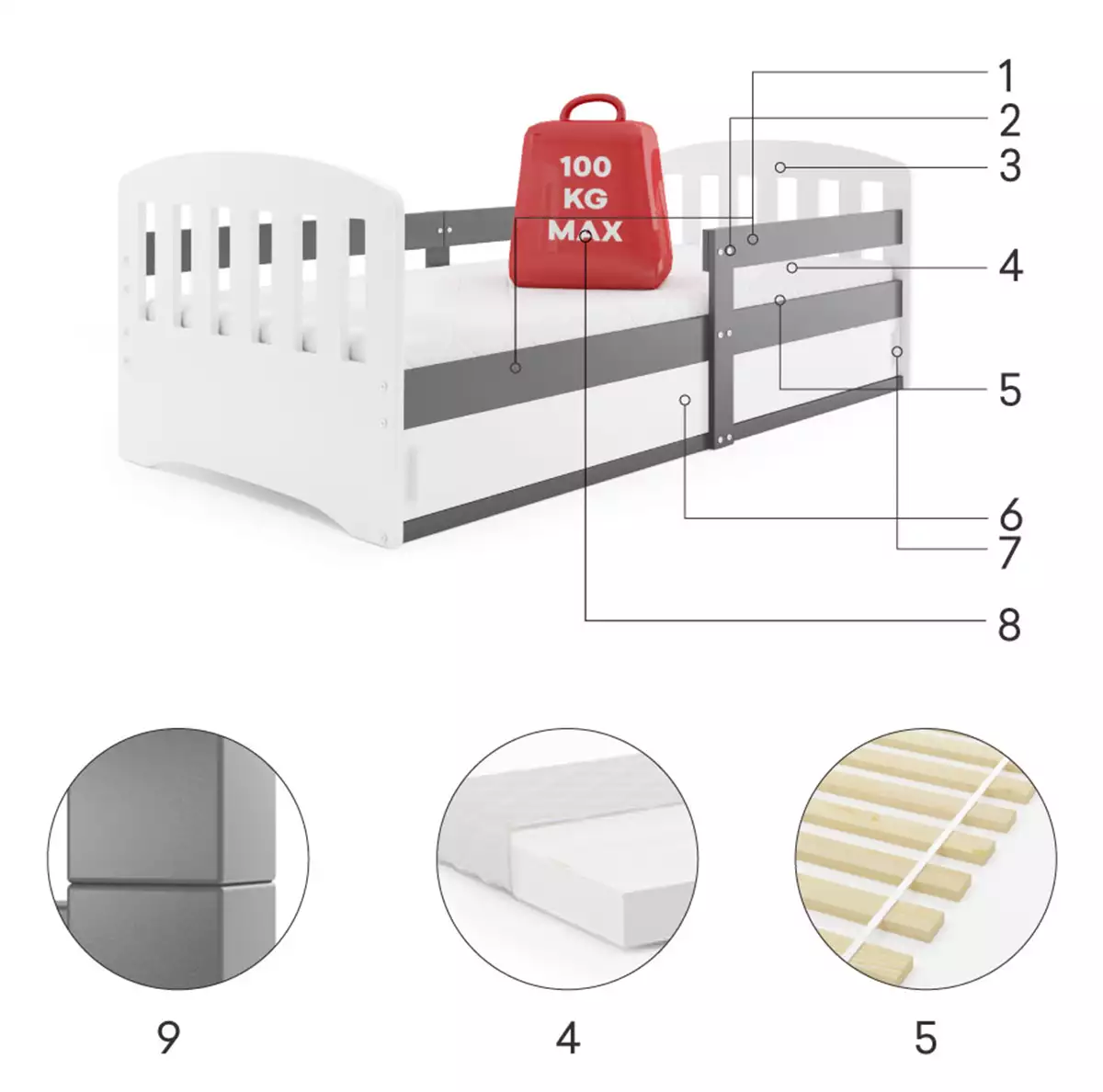 Composants pour Lit enfant simple Classique 80X160 avec rangement, gris Composants pour Lit enfant simple Classique 80X160 avec rangement, gris