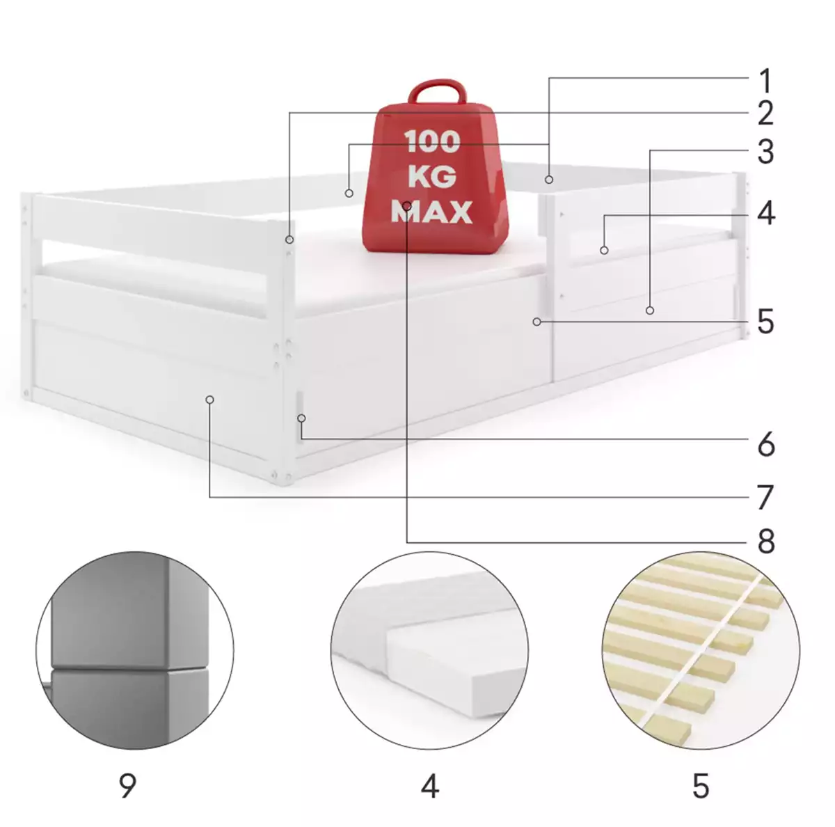 Composants pour Lit enfant simple Hugo 80X160 avec rangement, blanc Composants pour Lit enfant simple Hugo 80X160 avec rangement, blanc