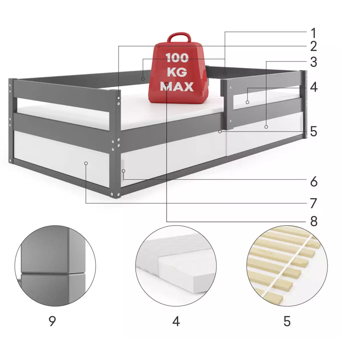 Composants pour Lit enfant simple Hugo 80X160 avec rangement, gris Composants pour Lit enfant simple Hugo 80X160 avec rangement, gris