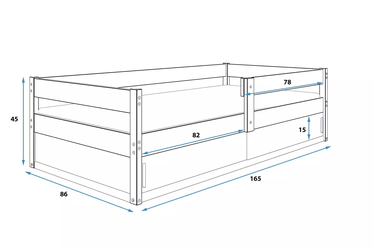 Dimensions et spécifications pour Lit enfant simple Hugo 80X160 avec rangement, pin Dimensions et spécifications pour Lit enfant simple Hugo 80X160 avec rangement, pin