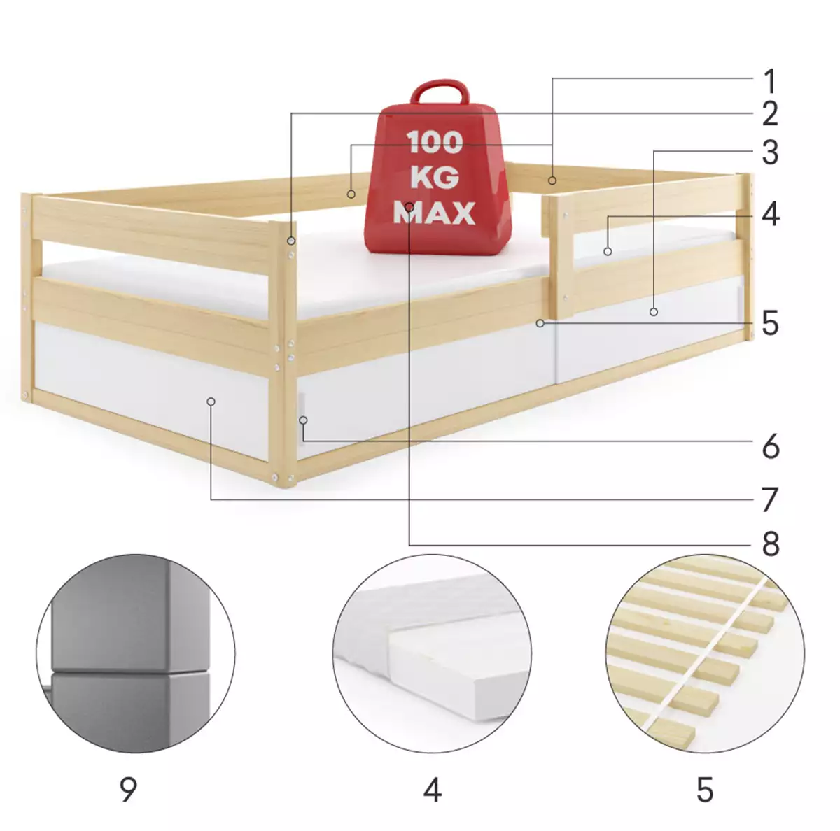 Composants pour Lit enfant simple Hugo 80X160 avec rangement, pin Composants pour Lit enfant simple Hugo 80X160 avec rangement, pin