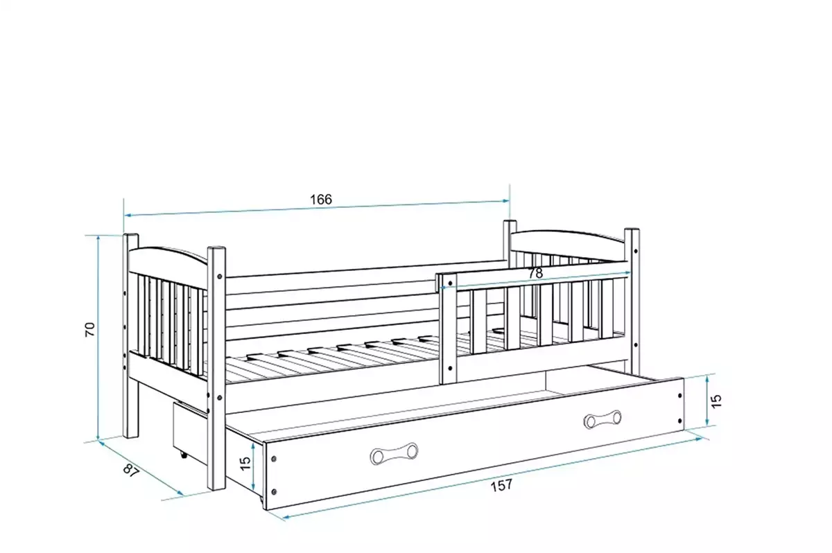 Dimensions et spécifications pour Lit enfant simple Jacquot 80X160 avec matelas et tiroir, gris/blanc Dimensions et spécifications pour Lit enfant simple Jacquot 80X160 avec matelas et tiroir, gris/blanc