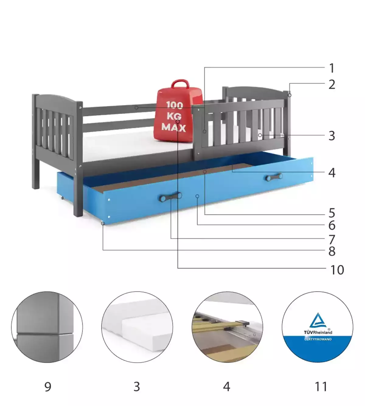 Composants pour Lit enfant simple Jacquot 80X160 avec tiroir, gris/bleu Composants pour Lit enfant simple Jacquot 80X160 avec tiroir, gris/bleu