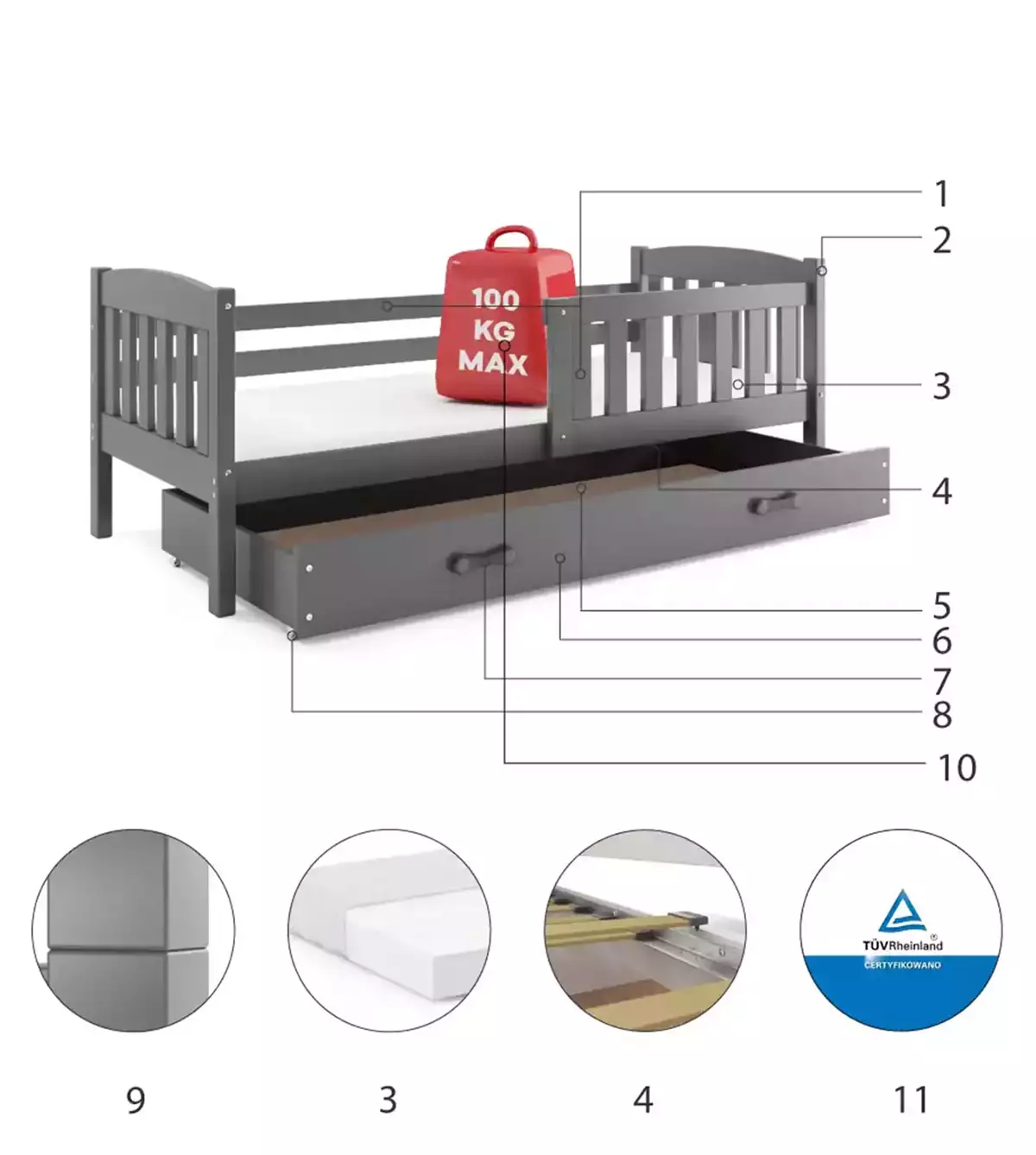 Composants pour Lit enfant simple Jacquot 80X160 avec tiroir, gris Composants pour Lit enfant simple Jacquot 80X160 avec tiroir, gris