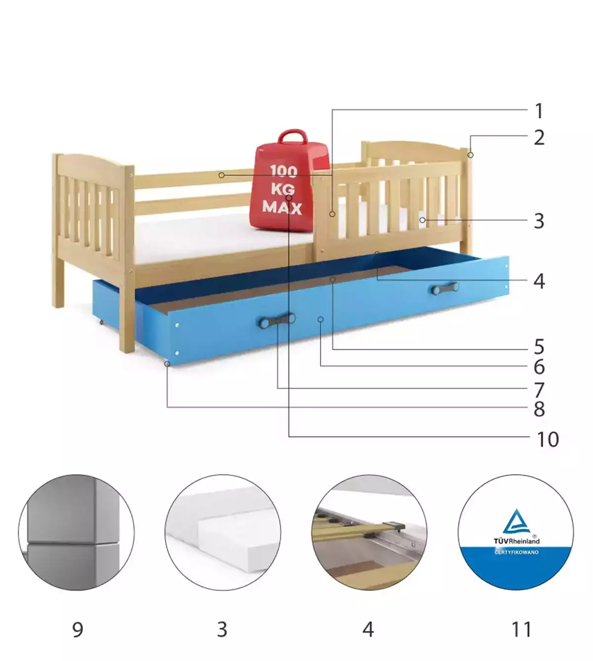 Composants pour Lit enfant simple Jacquot 80X160 avec tiroir, pin/bleu Composants pour Lit enfant simple Jacquot 80X160 avec tiroir, pin/bleu