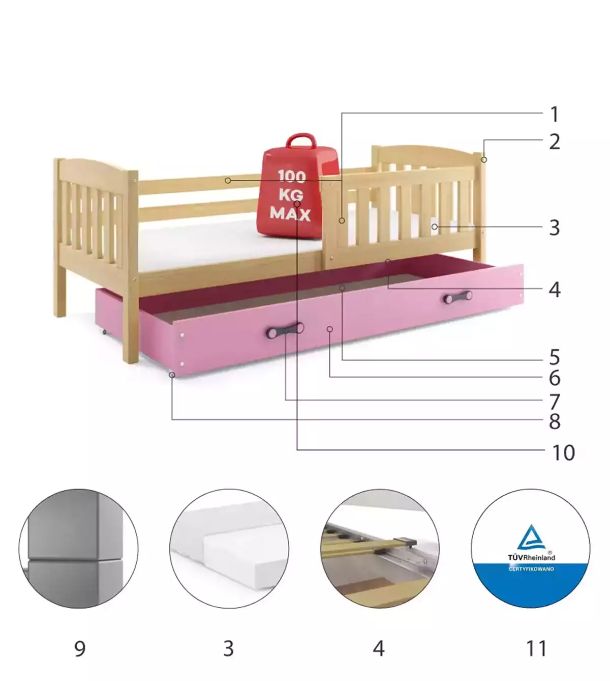 Composants pour Lit enfant simple Jacquot 80X160 avec tiroir, pin/rose Composants pour Lit enfant simple Jacquot 80X160 avec tiroir, pin/rose