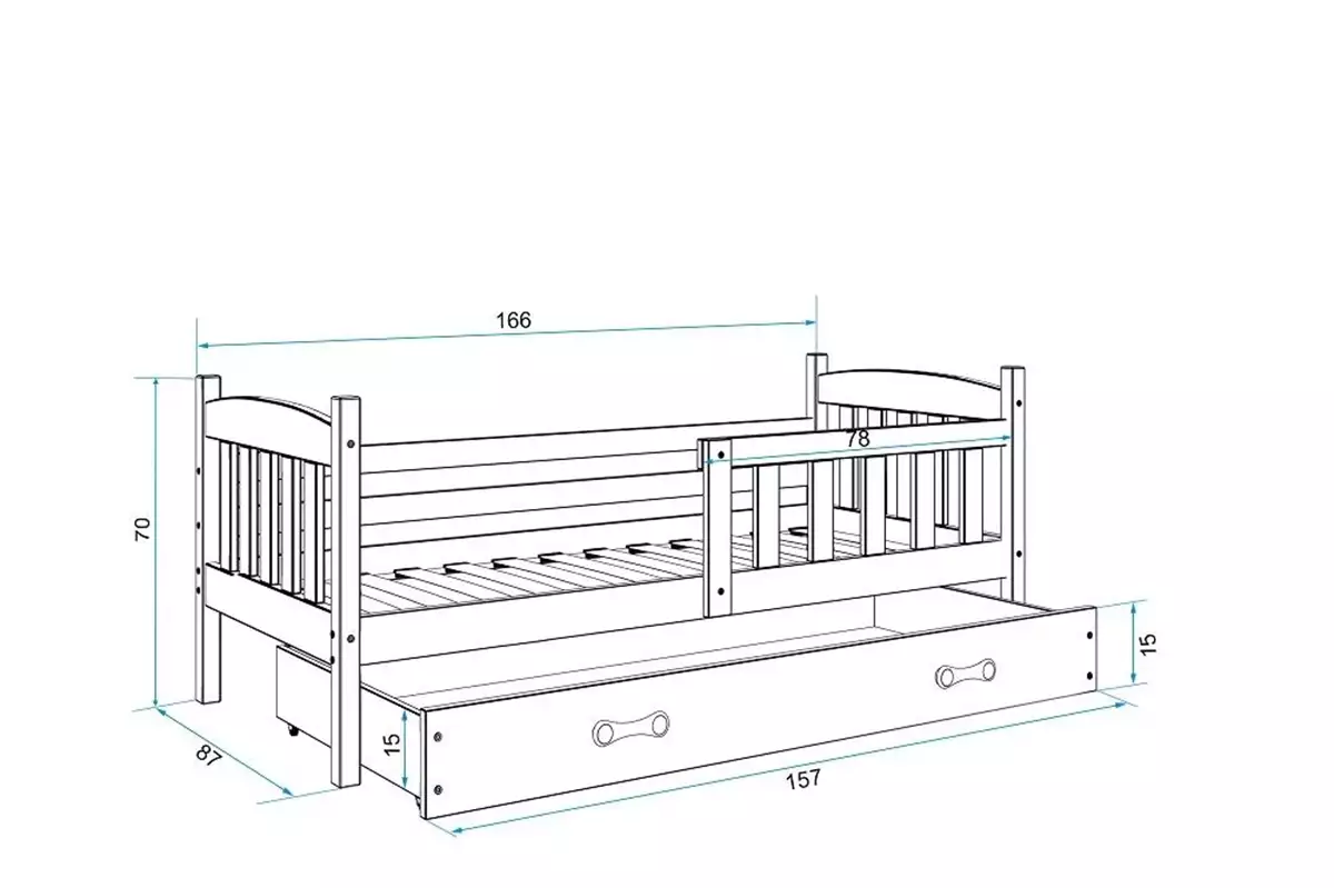 Dimensions et spécifications pour Lit enfant simple Jacquot 80X160 avec tiroir, pin/vert Dimensions et spécifications pour Lit enfant simple Jacquot 80X160 avec tiroir, pin/vert