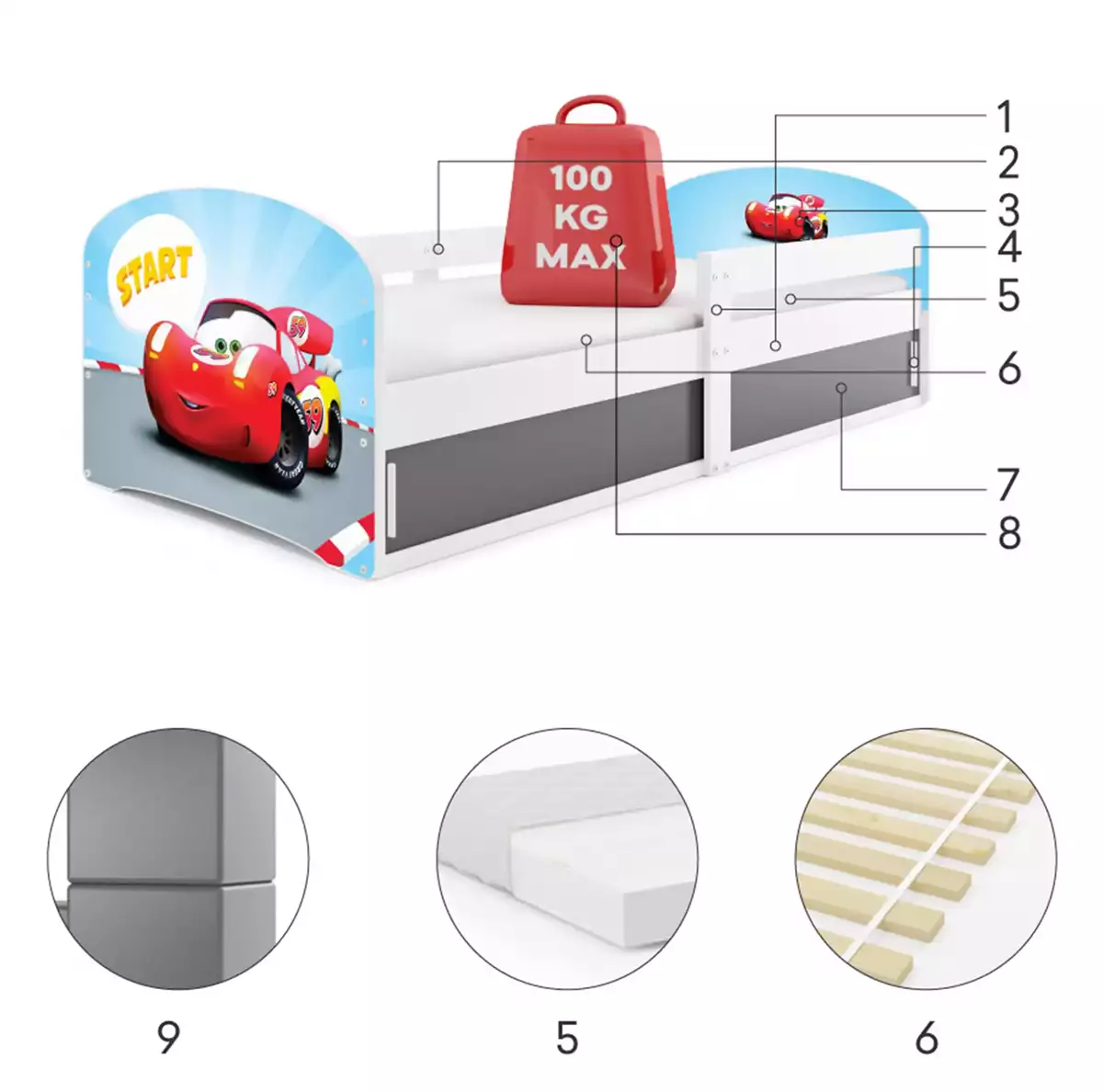 Composants pour Lit enfant simple Louis 1 80X160 avec matelas et rangement, Autko, blanc Composants pour Lit enfant simple Louis 1 80X160 avec matelas et rangement, Autko, blanc