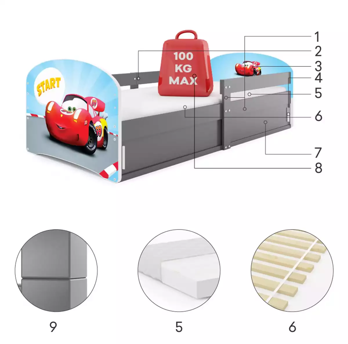 Composants pour Lit enfant simple Louis 1 80X160 avec rangement, Autko, gris Composants pour Lit enfant simple Louis 1 80X160 avec rangement, Autko, gris