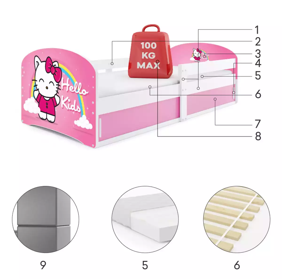 Composants pour Lit enfant simple Louis 1 80X160 avec rangement, Hello Kids, blanc Composants pour Lit enfant simple Louis 1 80X160 avec rangement, Hello Kids, blanc