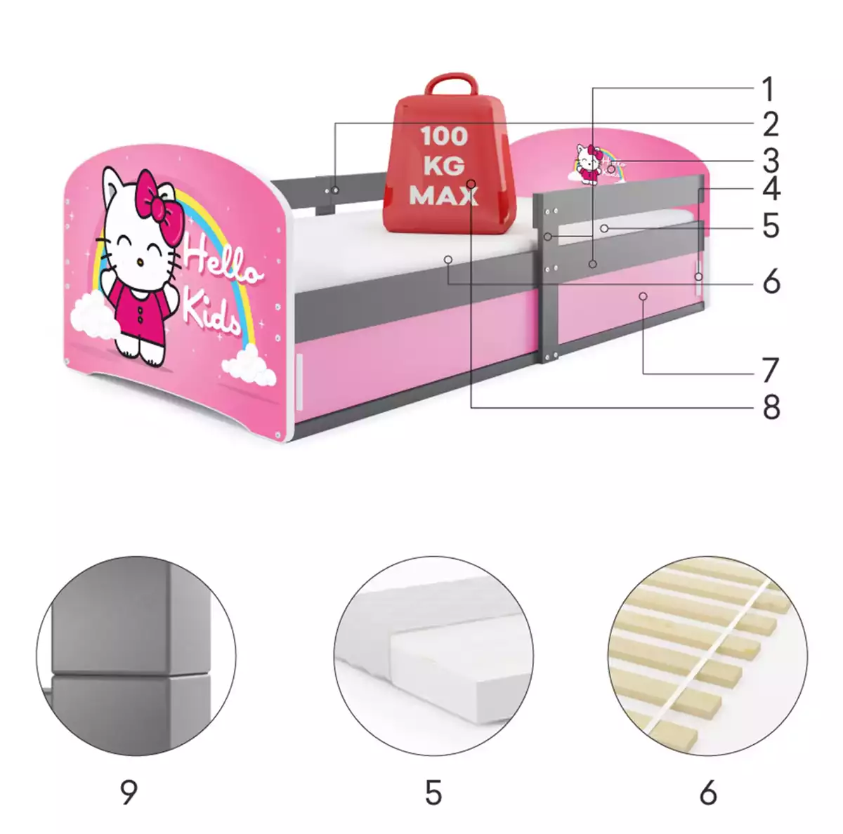 Composants pour Lit enfant simple Louis 1 80X160 avec rangement, Hello Kids, gris Composants pour Lit enfant simple Louis 1 80X160 avec rangement, Hello Kids, gris
