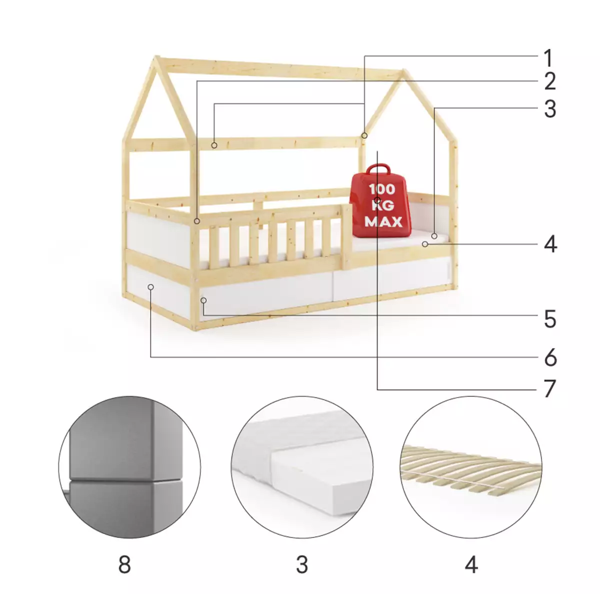 Composants pour Lit enfant simple Smart 2 Cabane 80X160 avec rangement, bois naturel Composants pour Lit enfant simple Smart 2 Cabane 80X160 avec rangement, bois naturel