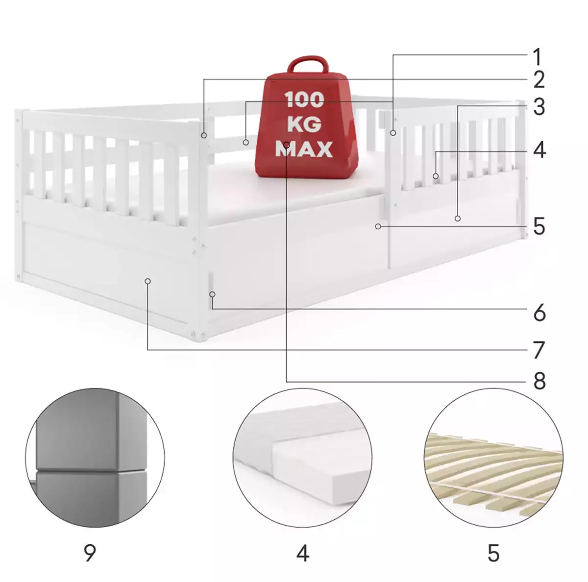 Composants pour Lit enfant simple Smart 80X160 avec matelas et rangement, blanc Composants pour Lit enfant simple Smart 80X160 avec matelas et rangement, blanc