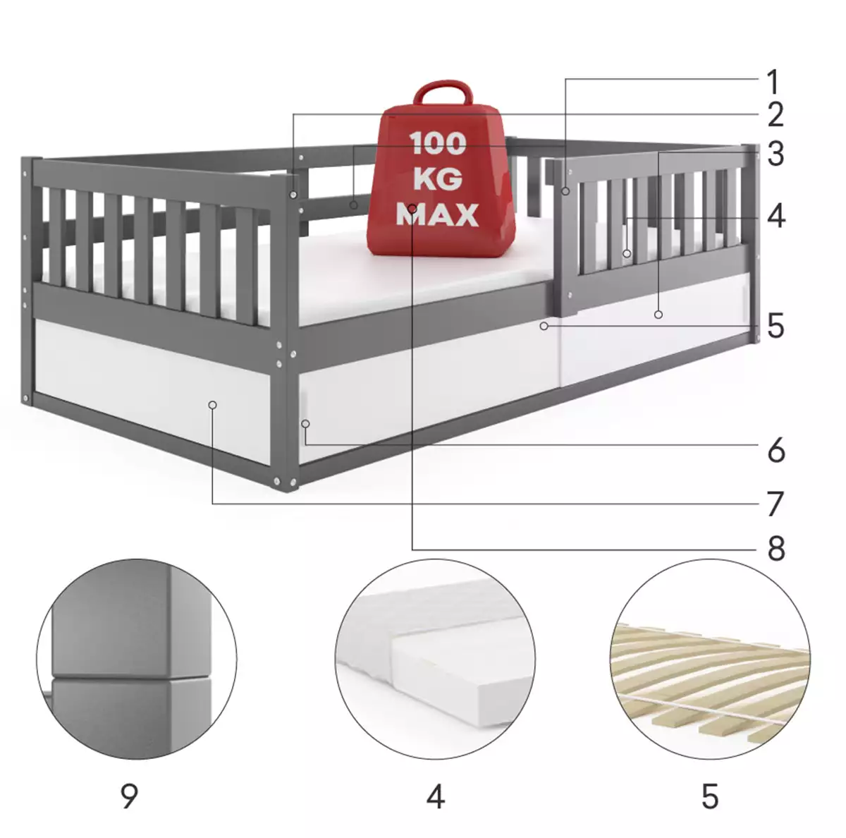 Composants pour Lit enfant simple Smart 80X160 avec rangement, gris Composants pour Lit enfant simple Smart 80X160 avec rangement, gris
