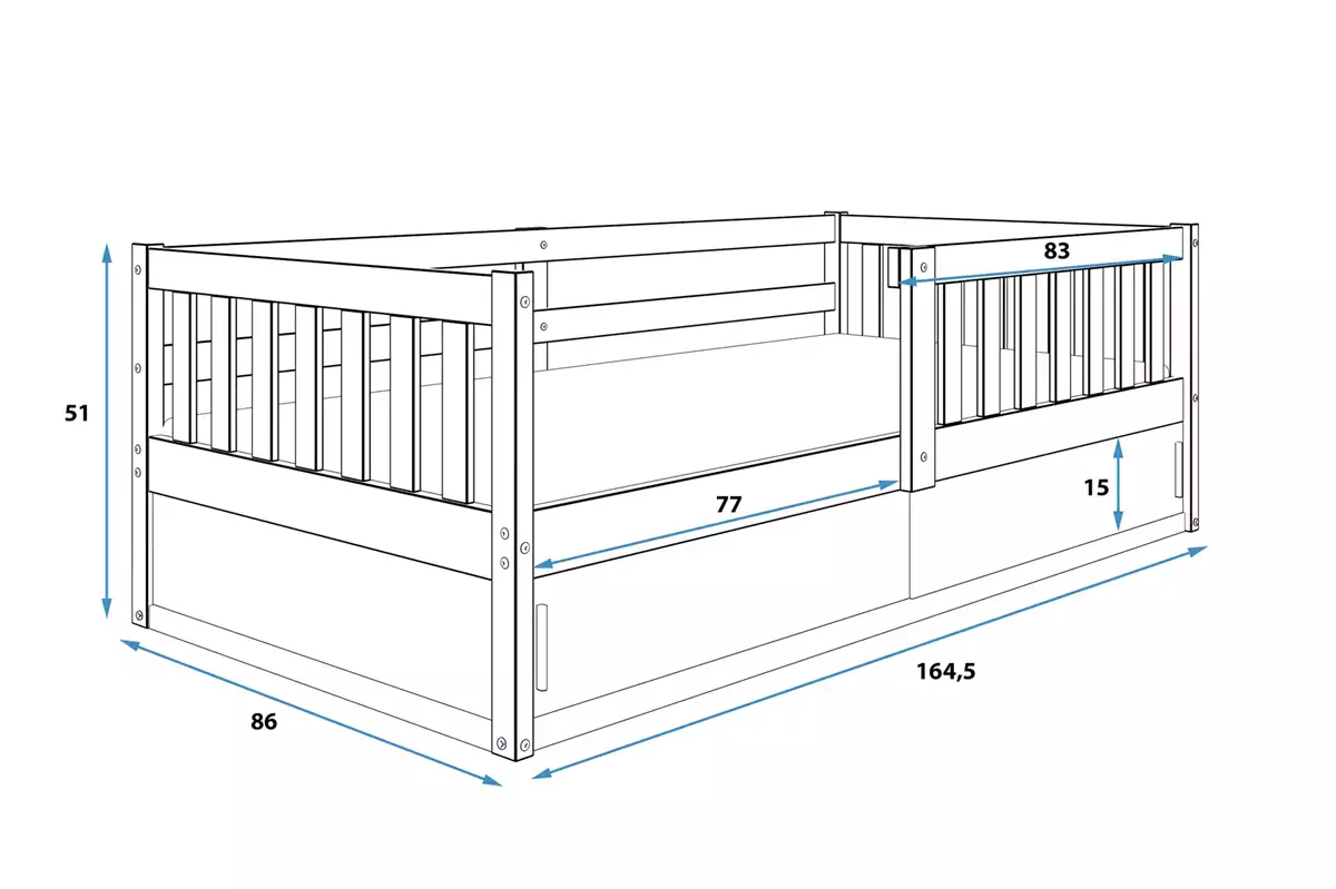 Dimensions et spécifications pour Lit enfant simple Smart 80X160 avec rangement, pin