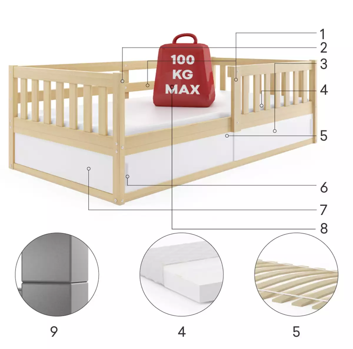 Composants pour Lit enfant simple Smart 80X160 avec rangement, pin