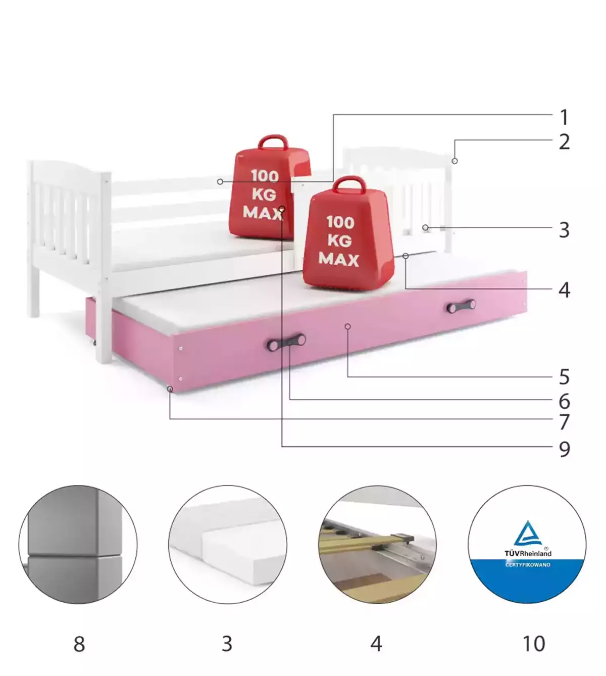 LIT GIGOGNE KUBUS LE CADRE EN BLANC LE TIROIR EN ROSE SANS MATELAS 200x90 (composants) LIT GIGOGNE KUBUS LE CADRE EN BLANC LE TIROIR EN ROSE SANS MATELAS 200x90 (composants)