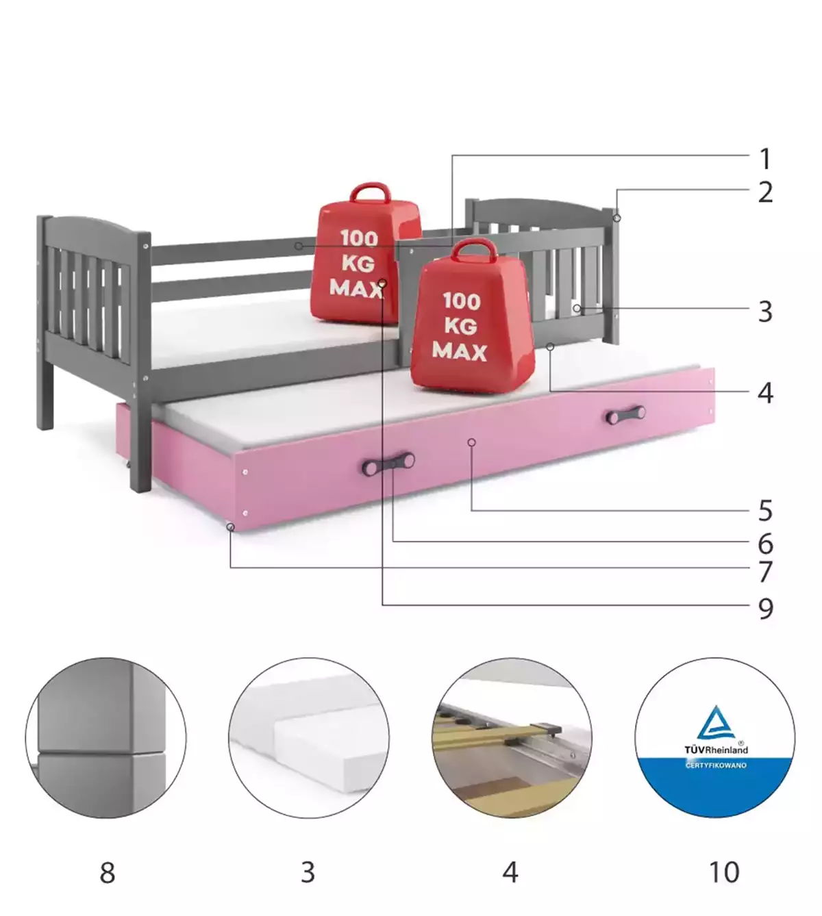 LIT GIGOGNE KUBUS LE CADRE EN GRIS LE TIROIR EN ROSE SANS MATELAS 200x90 (composants) LIT GIGOGNE KUBUS LE CADRE EN GRIS LE TIROIR EN ROSE SANS MATELAS 200x90 (composants)