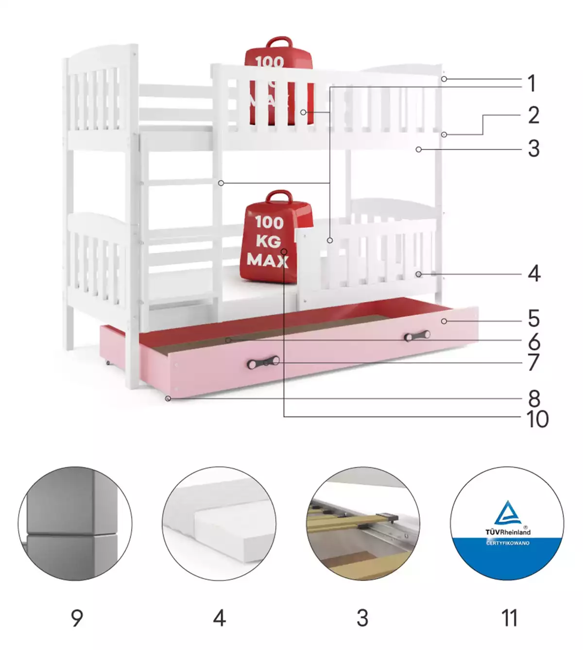 LIT SUPERPOSE KUBUS LE CADRE EN BLANC LE TIROIR EN ROSE SANS MATELAS 200x90 (composants) LIT SUPERPOSE KUBUS LE CADRE EN BLANC LE TIROIR EN ROSE SANS MATELAS 200x90 (composants)