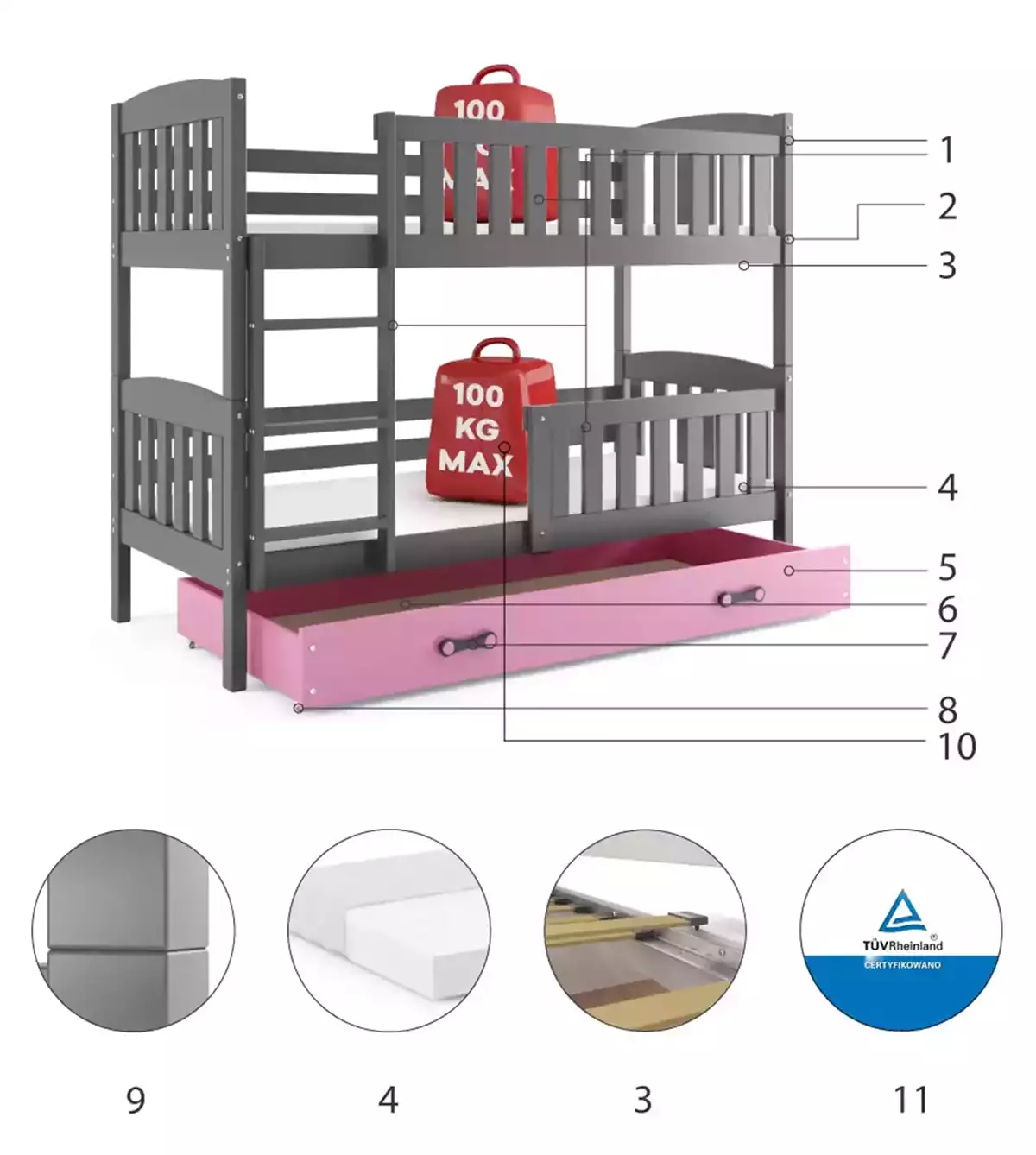 LIT SUPERPOSE KUBUS LE CADRE EN GRIS LE TIROIR EN ROSE SANS MATELAS 200x90 (composants) LIT SUPERPOSE KUBUS LE CADRE EN GRIS LE TIROIR EN ROSE SANS MATELAS 200x90 (composants)