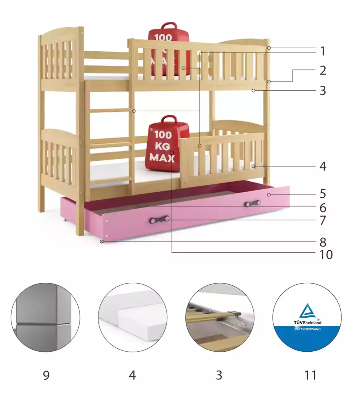 LIT SUPERPOSE KUBUS LE CADRE EN PIN LE TIROIR EN ROSE SANS MATELAS 200x90 (composants) LIT SUPERPOSE KUBUS LE CADRE EN PIN LE TIROIR EN ROSE SANS MATELAS 200x90 (composants)