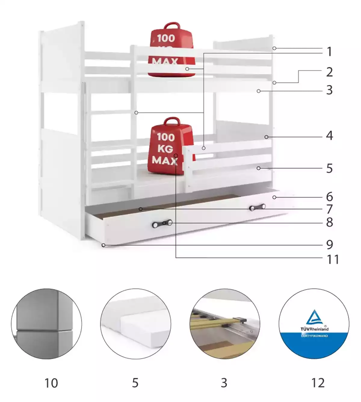 LIT SUPERPOSE RICO LE CADRE EN BLANC LES PANNEAUX BLANCS LE TIROIR EN BLANC SANS MATELAS 200x90 (composants) LIT SUPERPOSE RICO LE CADRE EN BLANC LES PANNEAUX BLANCS LE TIROIR EN BLANC SANS MATELAS 200x90 (composants)