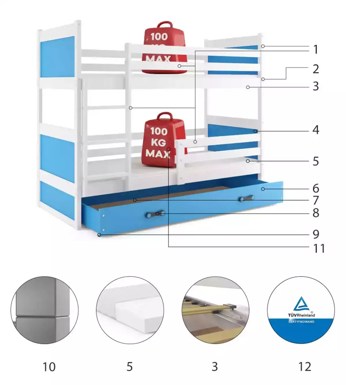 LIT SUPERPOSE RICO LE CADRE EN BLANC LES PANNEAUX BLEUS LE TIROIR EN BLEU SANS MATELAS 190x90 (composants) LIT SUPERPOSE RICO LE CADRE EN BLANC LES PANNEAUX BLEUS LE TIROIR EN BLEU SANS MATELAS 190x90 (composants)