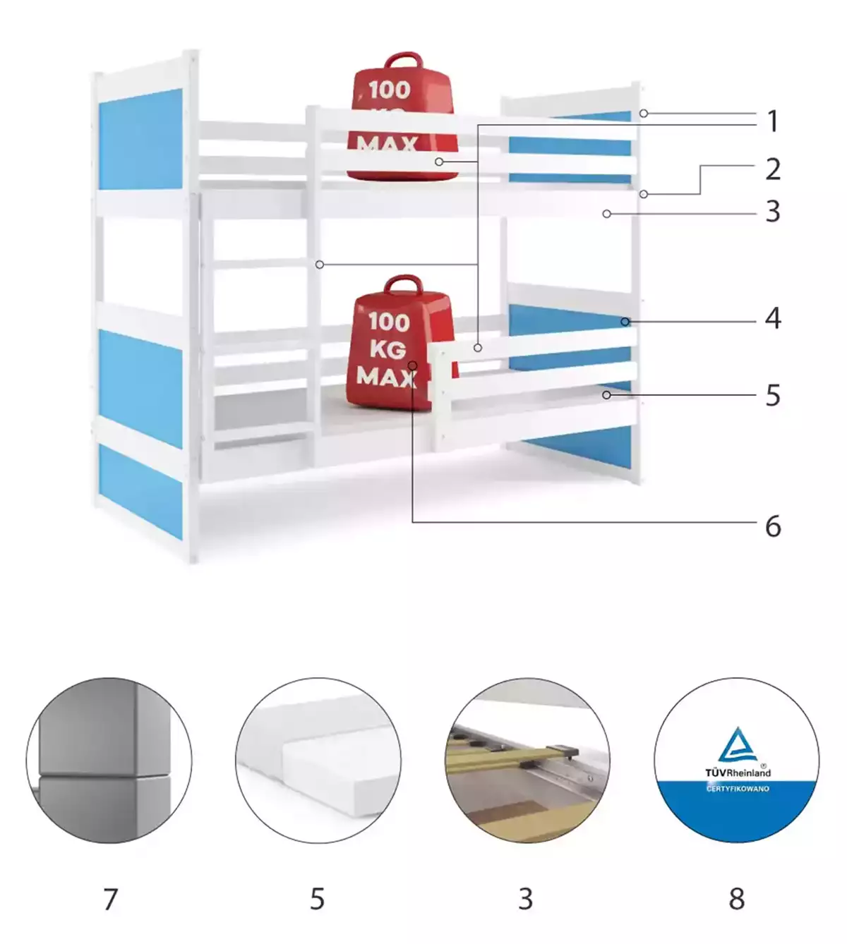 LIT SUPERPOSE RICO LE CADRE EN BLANC LES PANNEAUX BLEUS SANS TIROIR SANS MATELAS 200x90 (composants) LIT SUPERPOSE RICO LE CADRE EN BLANC LES PANNEAUX BLEUS SANS TIROIR SANS MATELAS 200x90 (composants)