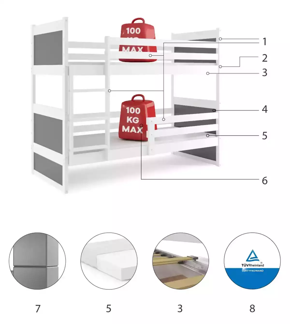 LIT SUPERPOSE RICO LE CADRE EN BLANC LES PANNEAUX GRIS SANS TIROIR SANS MATELAS 200x90 (composants) LIT SUPERPOSE RICO LE CADRE EN BLANC LES PANNEAUX GRIS SANS TIROIR SANS MATELAS 200x90 (composants)