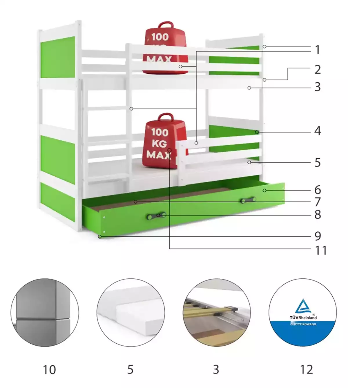 LIT SUPERPOSE RICO LE CADRE EN BLANC LES PANNEAUX VERTS LE TIROIR EN VERT SANS MATELAS 200x90 (composants) LIT SUPERPOSE RICO LE CADRE EN BLANC LES PANNEAUX VERTS LE TIROIR EN VERT SANS MATELAS 200x90 (composants)