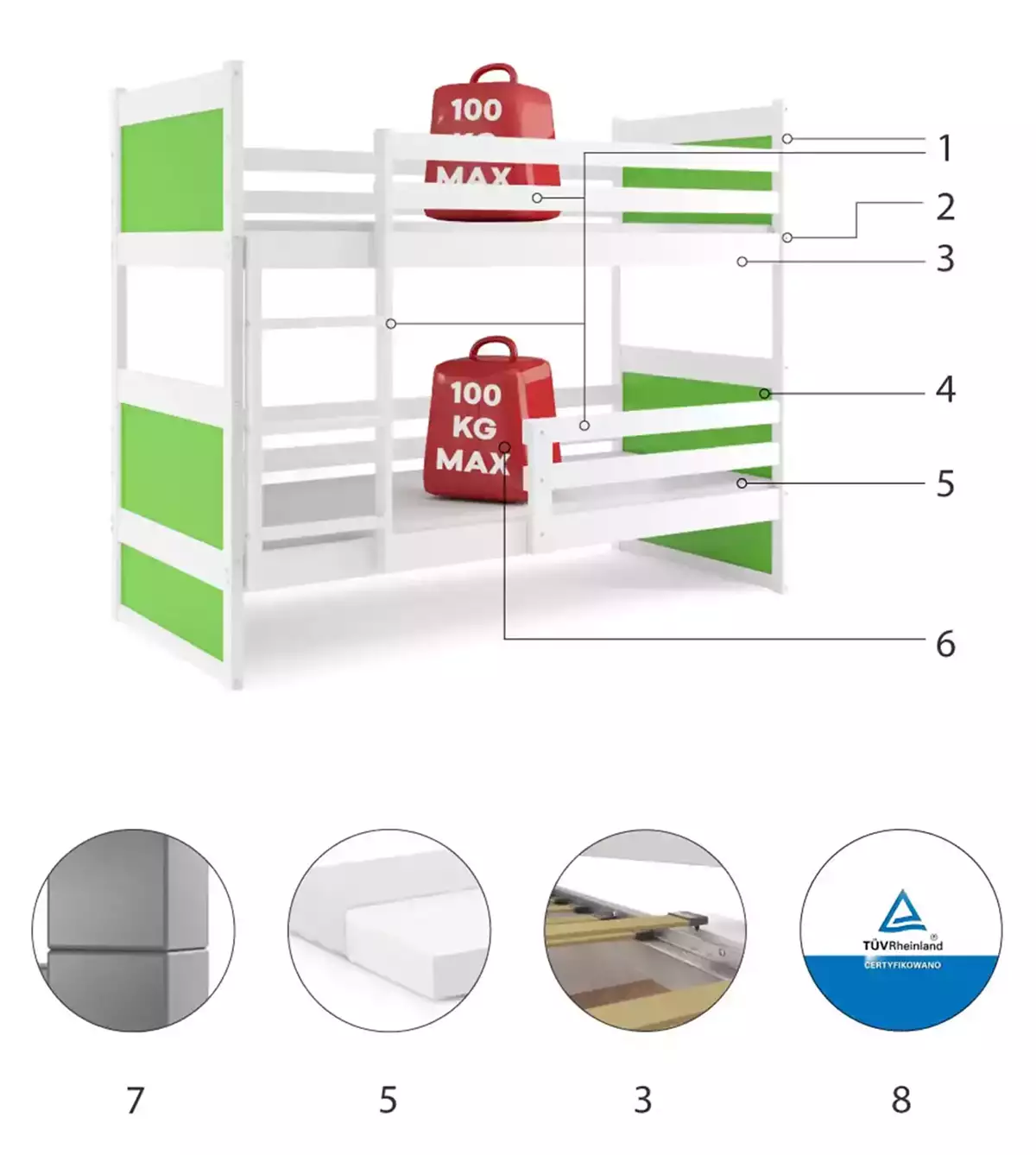 LIT SUPERPOSE RICO LE CADRE EN BLANC LES PANNEAUX VERTS SANS TIROIR SANS MATELAS 190x90 (composants) LIT SUPERPOSE RICO LE CADRE EN BLANC LES PANNEAUX VERTS SANS TIROIR SANS MATELAS 190x90 (composants)