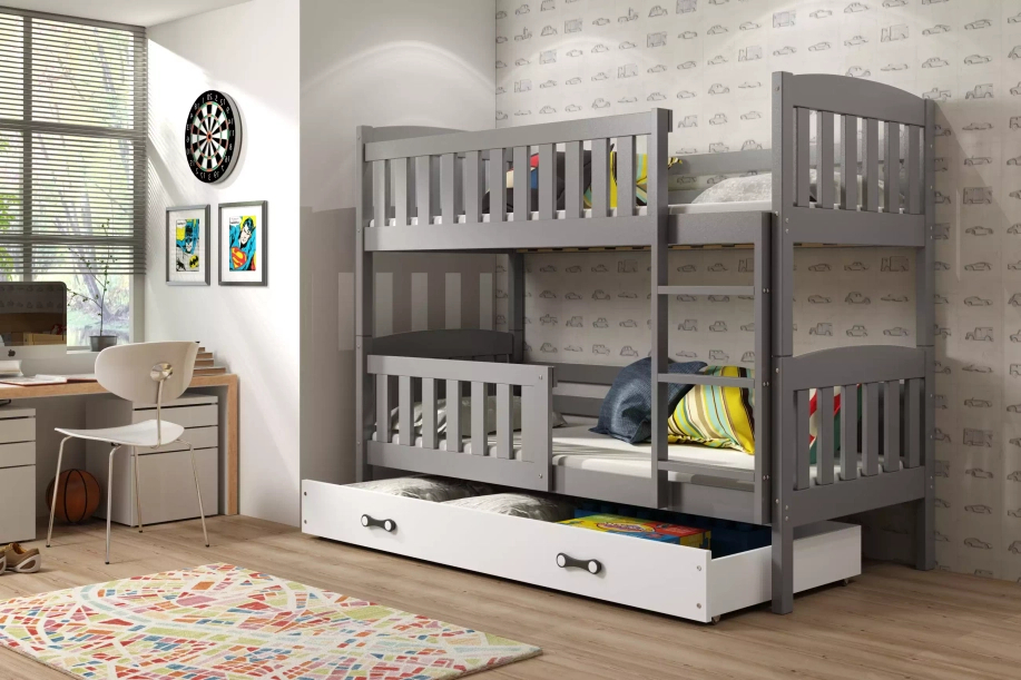 Lit ado superposé Jacquot 90X200 avec matelas et tiroir, gris/blanc