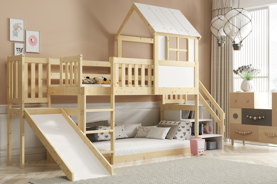 Lit mezzanine cabane avec toboggan, toit et escaliers – mezzanine en bois naturel 90x200