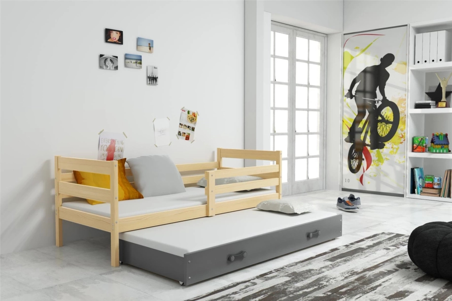 Lit ado gigogne Éric 90X190 avec matelas et tiroir, pin/gris