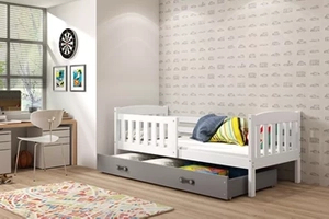 Lit enfant simple Jacquot 80X160 avec matelas et tiroir, blanc/gris