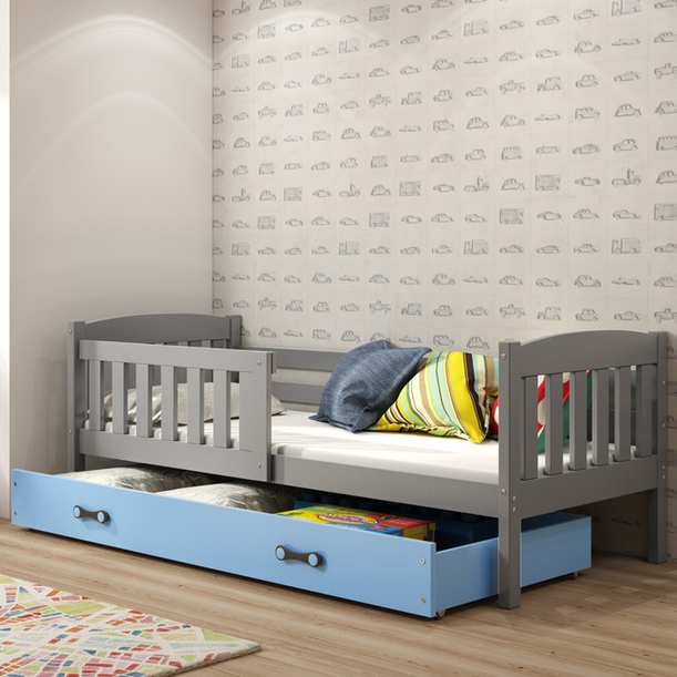 Lit enfant simple Jacquot 80X160 avec tiroir, gris/bleu