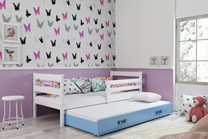 Lit ado gigogne Éric 90X200 avec matelas et tiroir, blanc/bleu