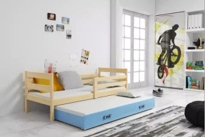 Lit ado gigogne Éric 90X190 avec matelas et tiroir, pin/bleu
