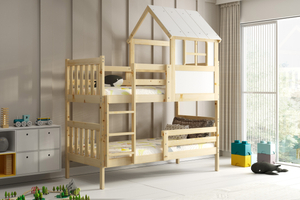 Lit superposé cabane avec toit – Kacper en bois naturel 90x190