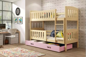 Lit ado superposé Jacquot 90X190 avec matelas et tiroir, pin/rose
