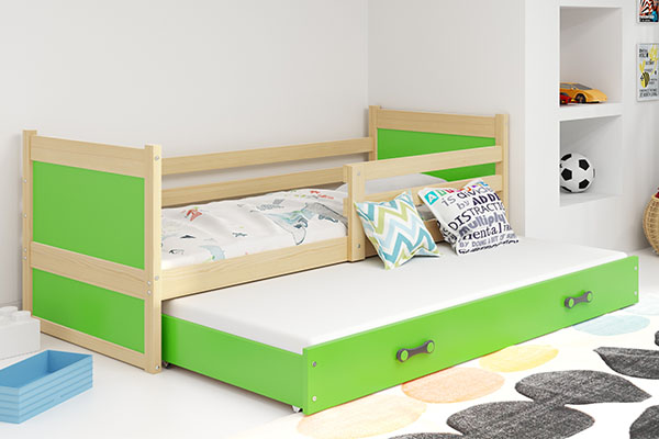 Lit ado gigogne Rico 90X200 avec matelas et tiroir, pin/vert